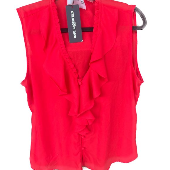 NWT, Karl Lagerfeld Paris, Sleeveless Ruffled Blouse, Red, Large - Picture 7 of 7
